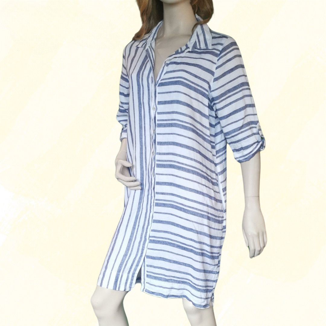 Pingpong Linen Shirt Dress - Size 16 - Blue/White Stripe