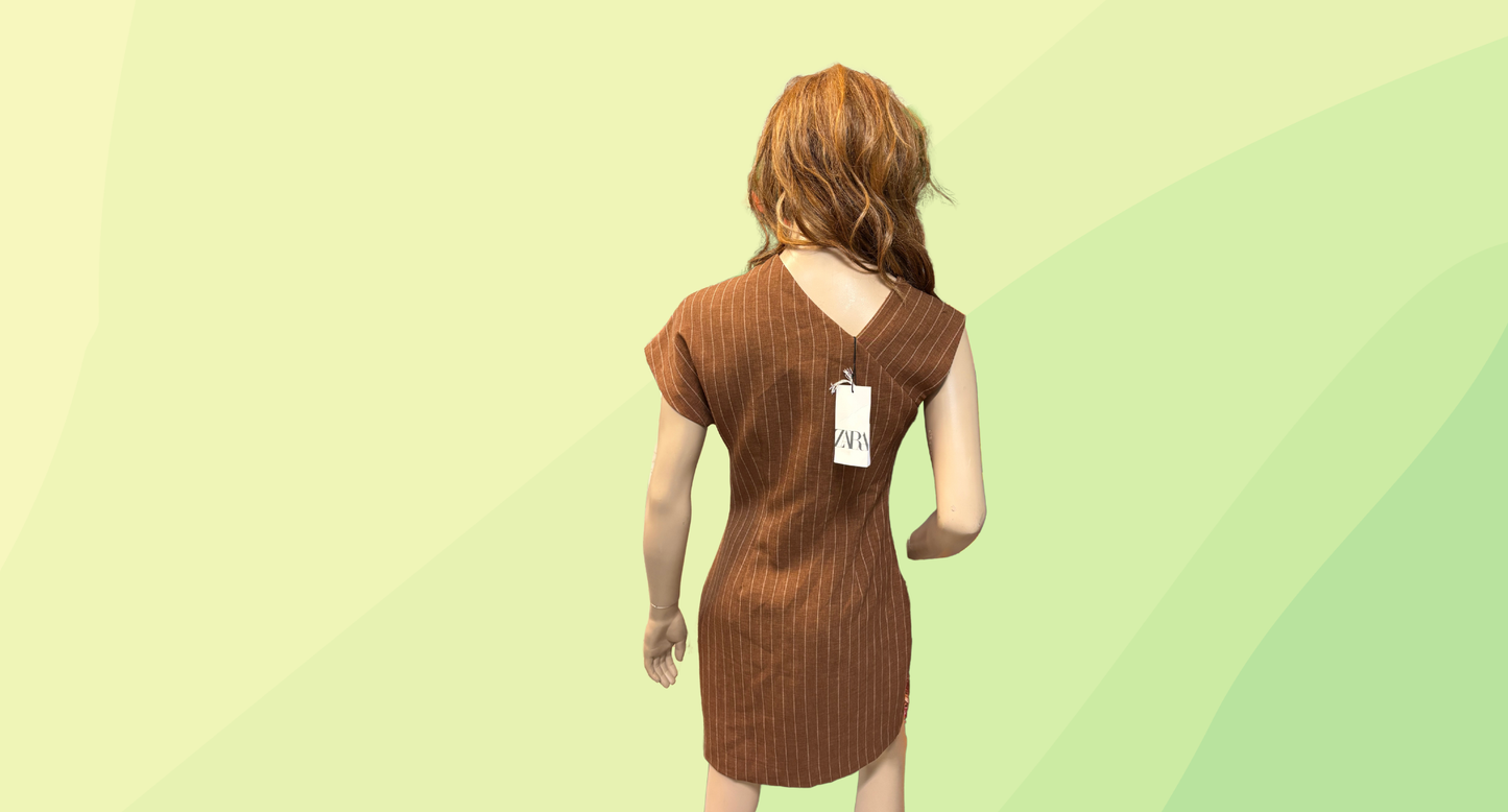 Zara Dress RRP $105 - M - Brown Pinstripe