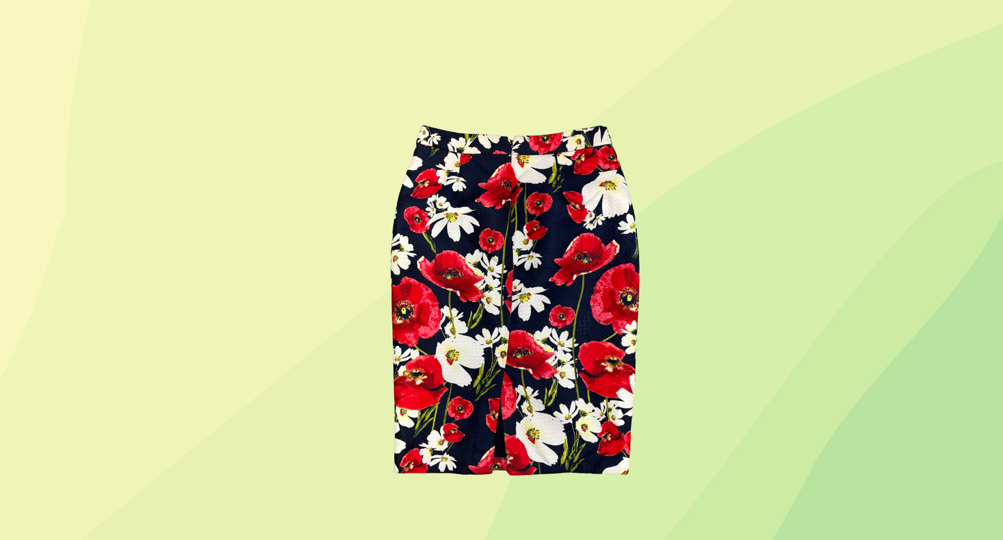 Leona Edmiston Midi Pencil Skirt - Size 12 - Navy/Red Floral
