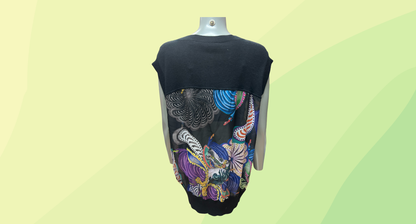 Ted Baker Black Angora Knit Trim Patterned Print Top - Size 5 - Black/Multi