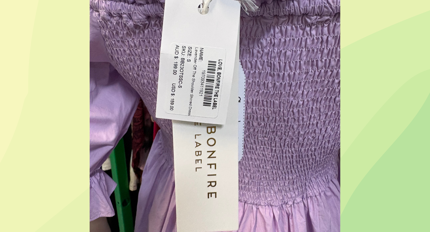 Bonfire The Label Off The Shoulder Shirred Dress RRP $199 - S - Lavender