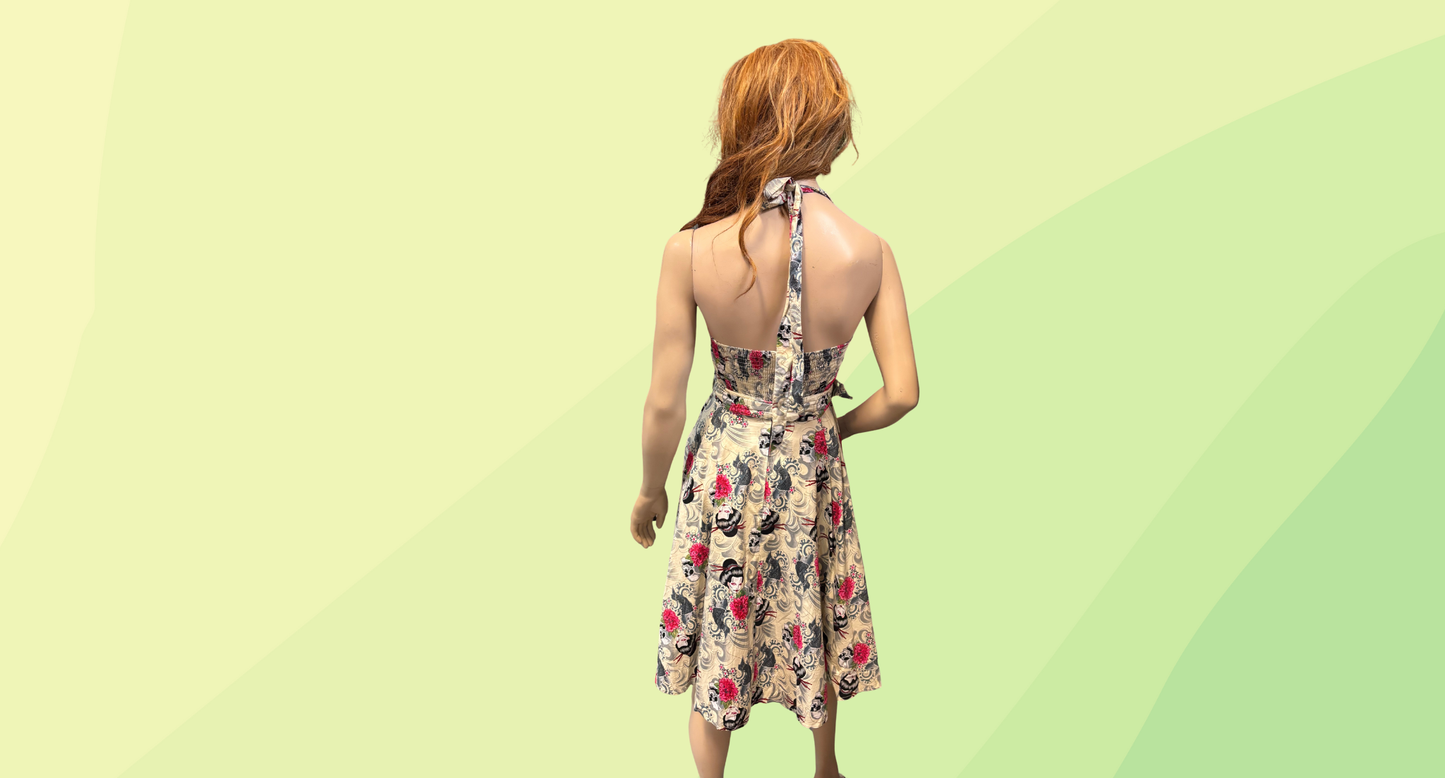 Hell Bunny Geisha Halter Dress - S - Cream/Black/Pink