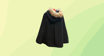 La Shapelle Fur Lined Hooded Cape - Size 40 - Black