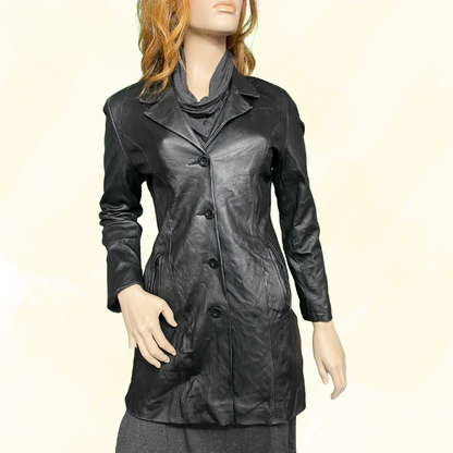 All Weather Naturel Leather Long leather coat, button  front	- Black - M