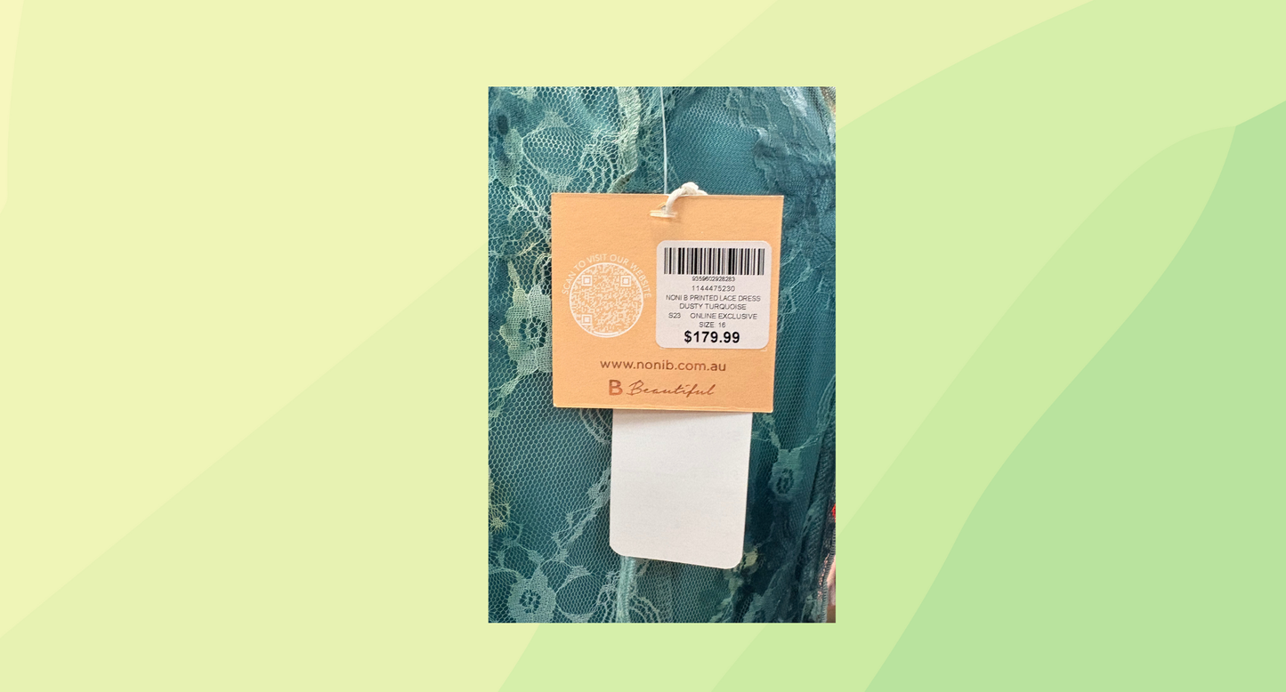 Noni B Printed Lace Dress RRP $179.99 - Size 16 - Dusty Turquoise