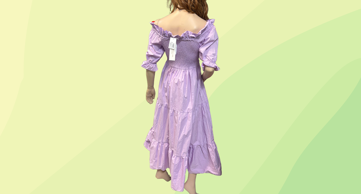 Bonfire The Label Off The Shoulder Shirred Dress RRP $199 - S - Lavender