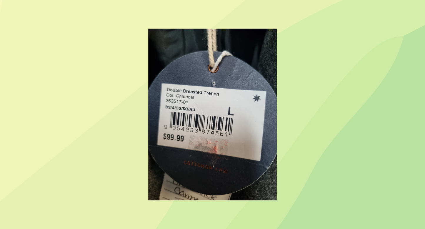 Brunswick Garments Mens Double Breasted Trench RRP $99.99 - L - Charcoal