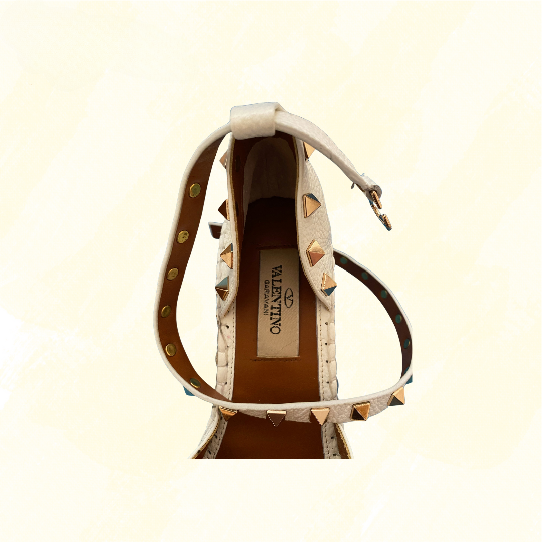 Valentino Garavani Leather Rockstud Espadrille Wedge Wrap Sandals - Cream - 37