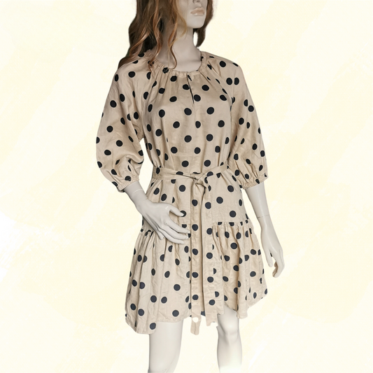 Seed Linen Mini Dress - Size 12 - Tan/Black Spot