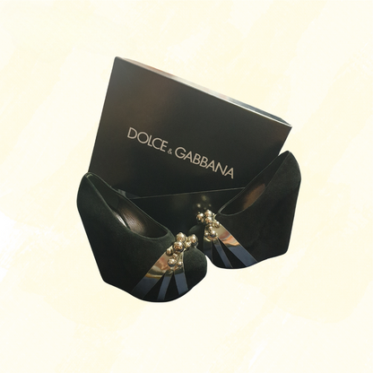 Dolce & Gabbana Hidh Wedge Suede Bobbles - Black/Silver 36