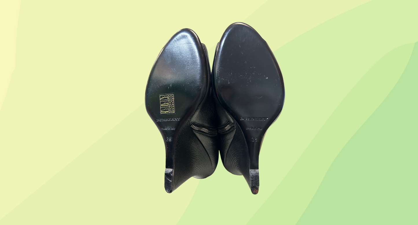 Burberry Leather Open Toe Bootie Wedge - 38 - Black
