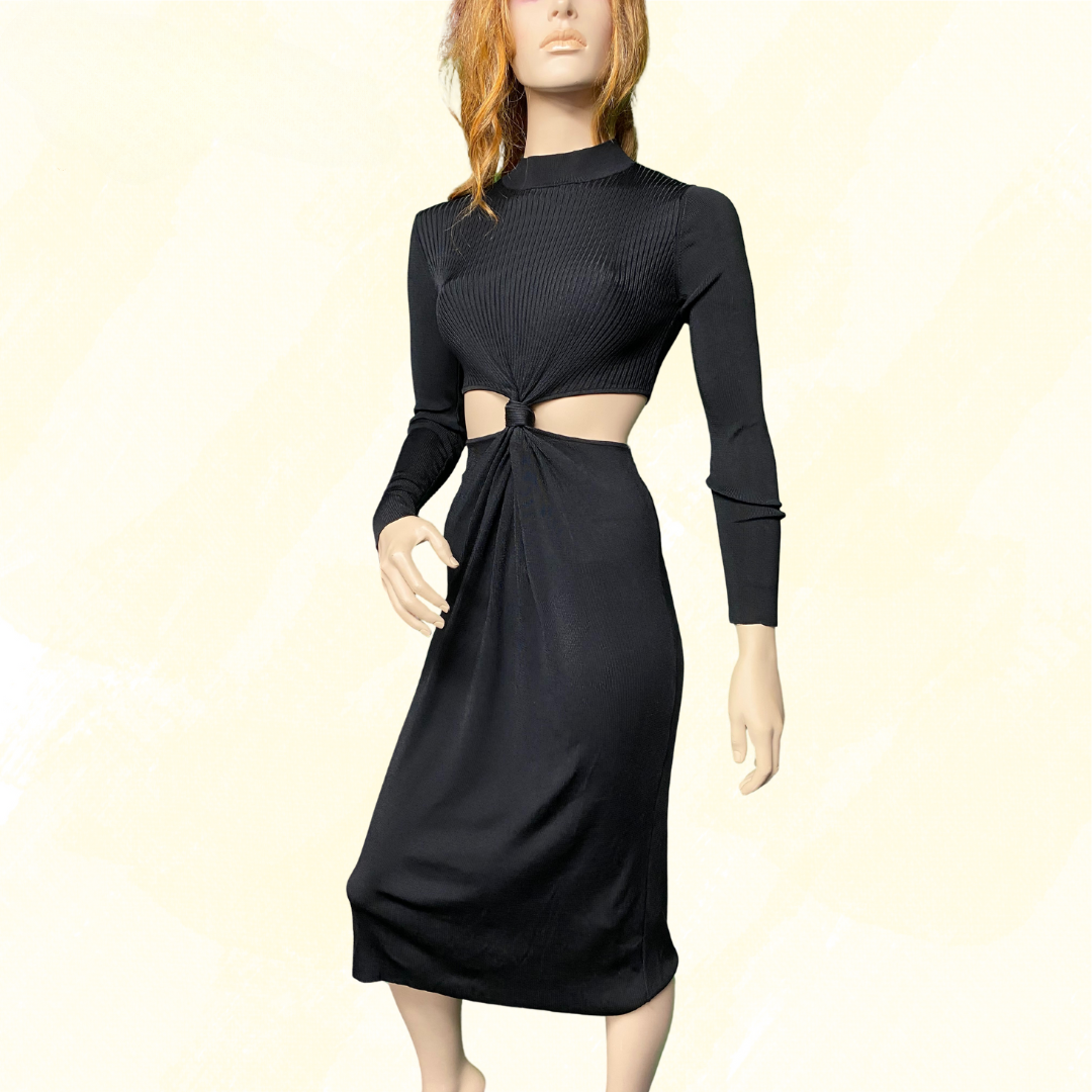 Zara Long Knitted Dress long sleeve with cutout - Black - S